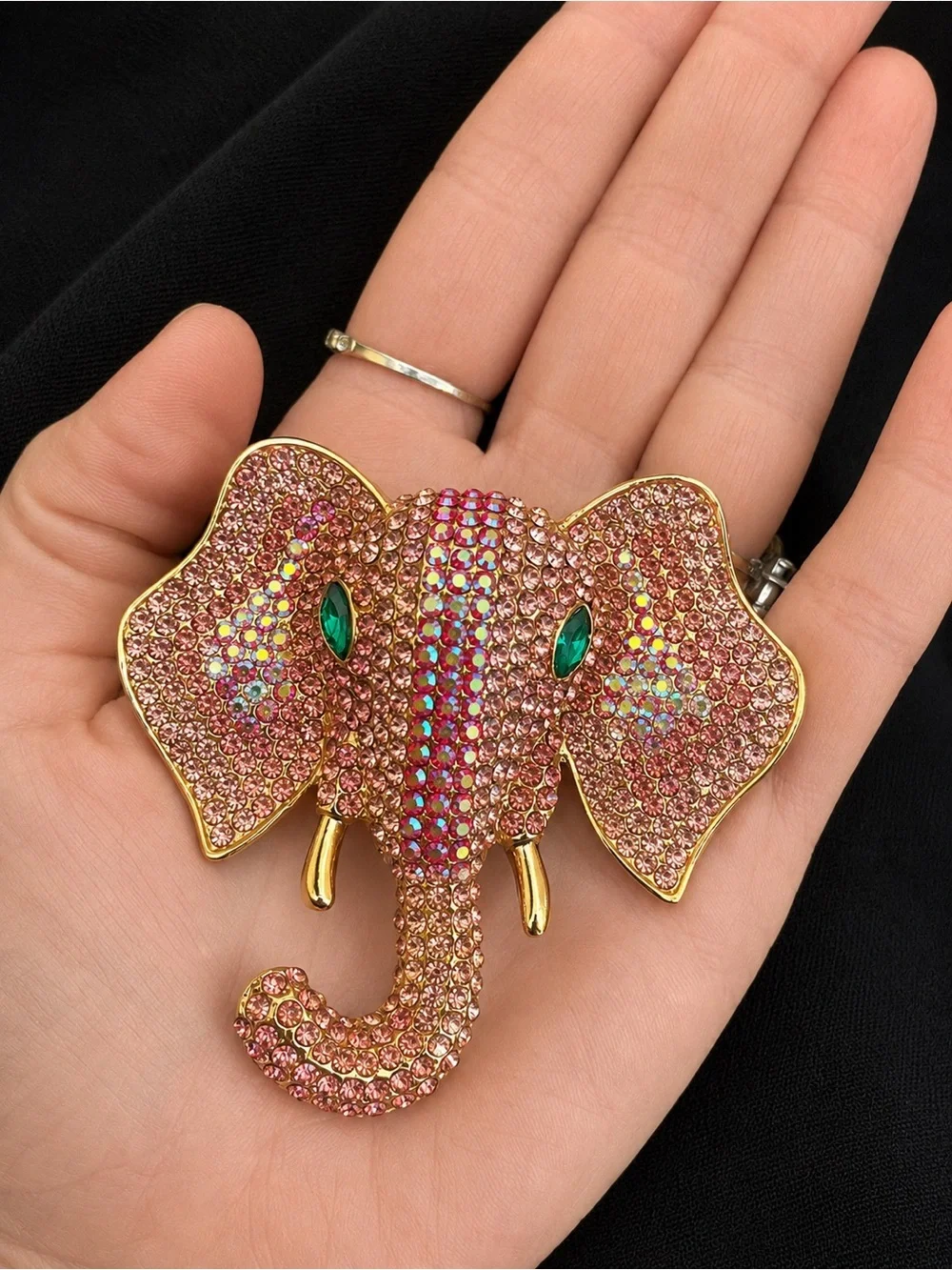 Pink Crystal Elephant Brooch with Green Eye Accents